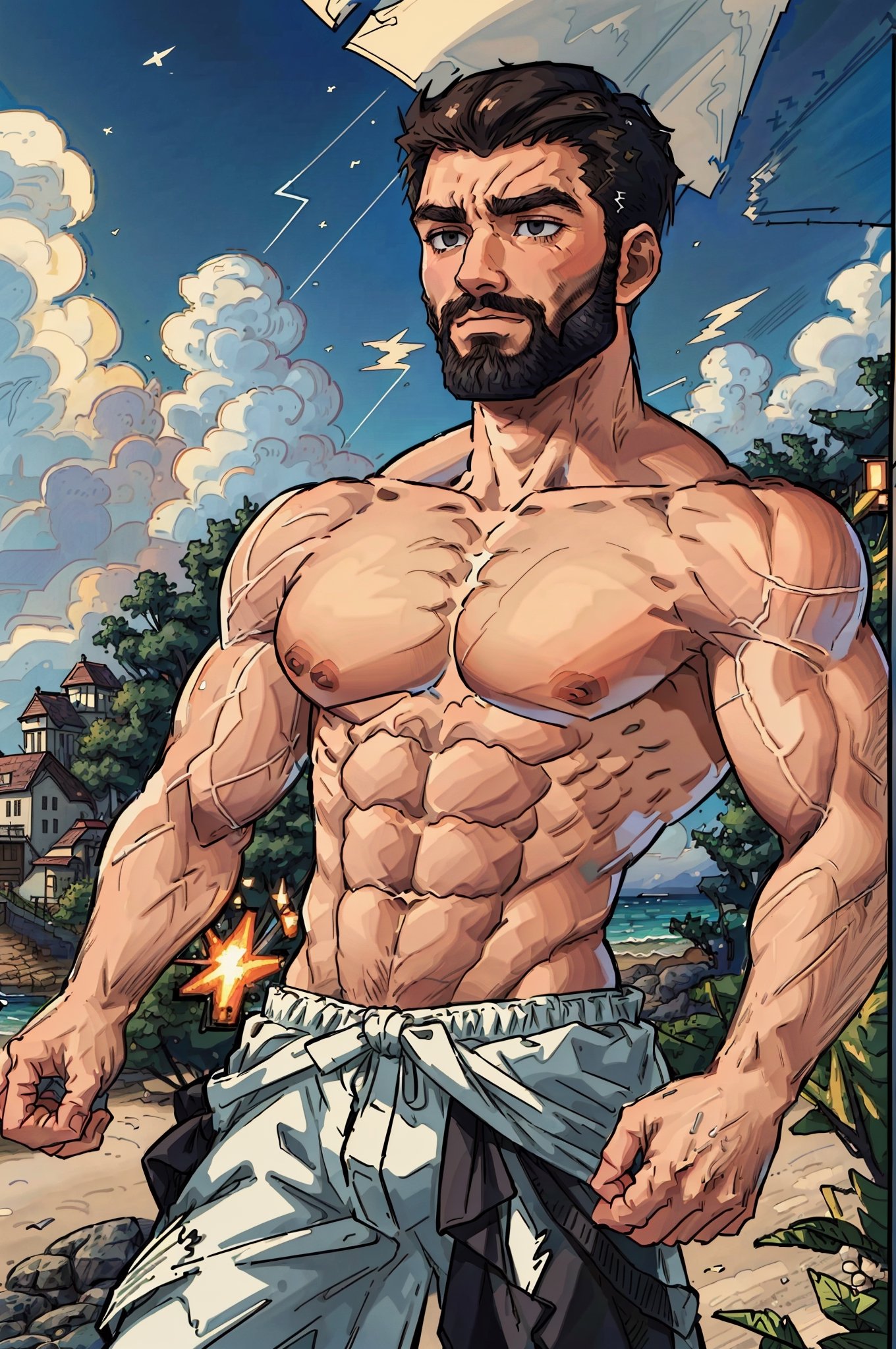 Highly detailed, High Quality, Masterpiece, beautiful, DrakePostingMeme, , 1boy, upper body, gigachad, in the beach,LightningPunkAI anime zoomed ,gigachad,paper_cut,xjrex colorful ultra realistic ,pixel_art,xjrex , muscular body
