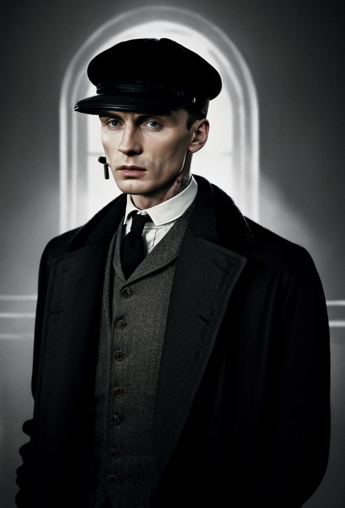 color photo of Thomas Shelby, the charismatic and ruthless leader of the Peaky Blinders 