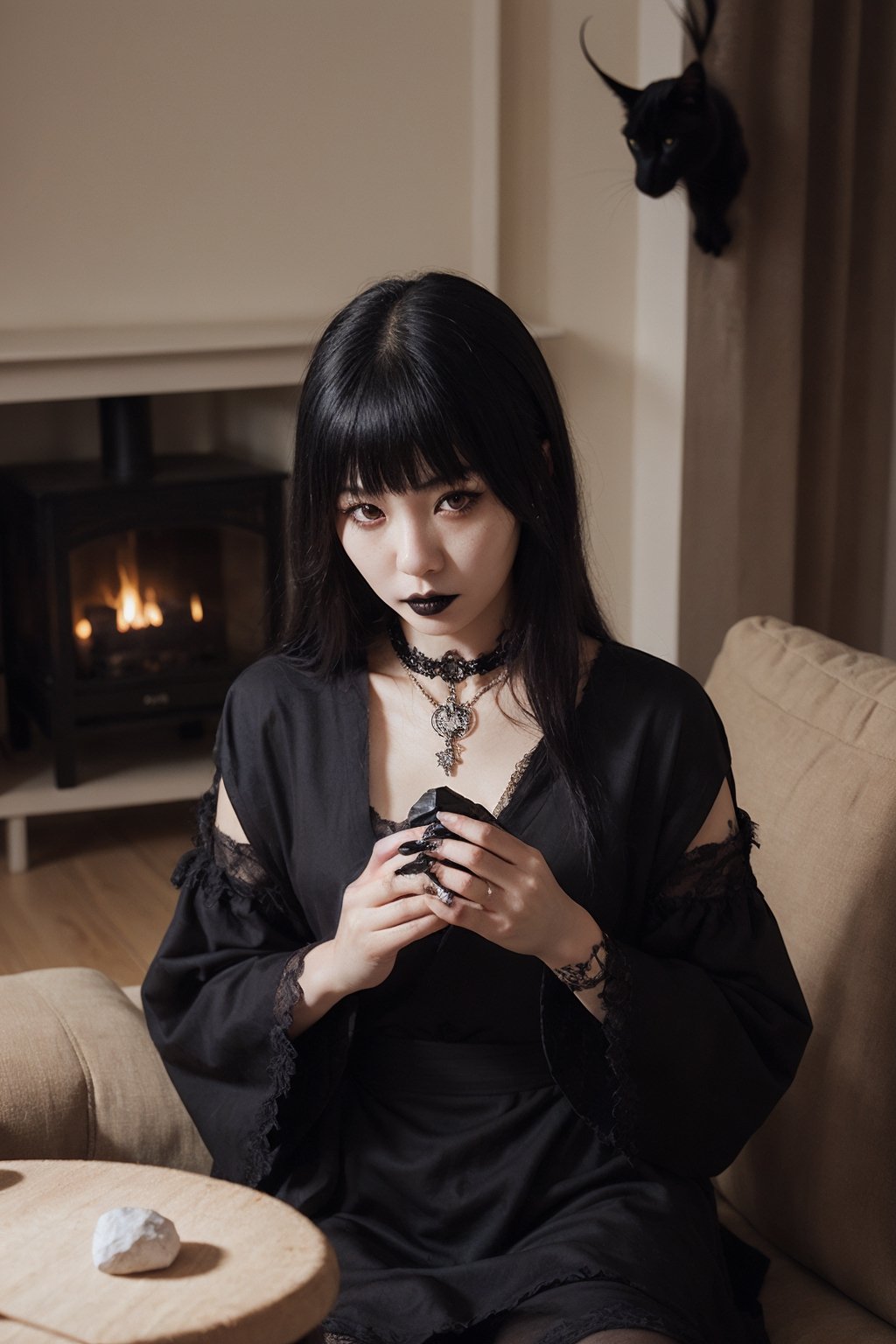 Korean sister, (goth:1.3),pale skin, knealing, brooding, (holding) lump of coal, livingroom,realhands,black cats,four_fingers,satanic,realistic