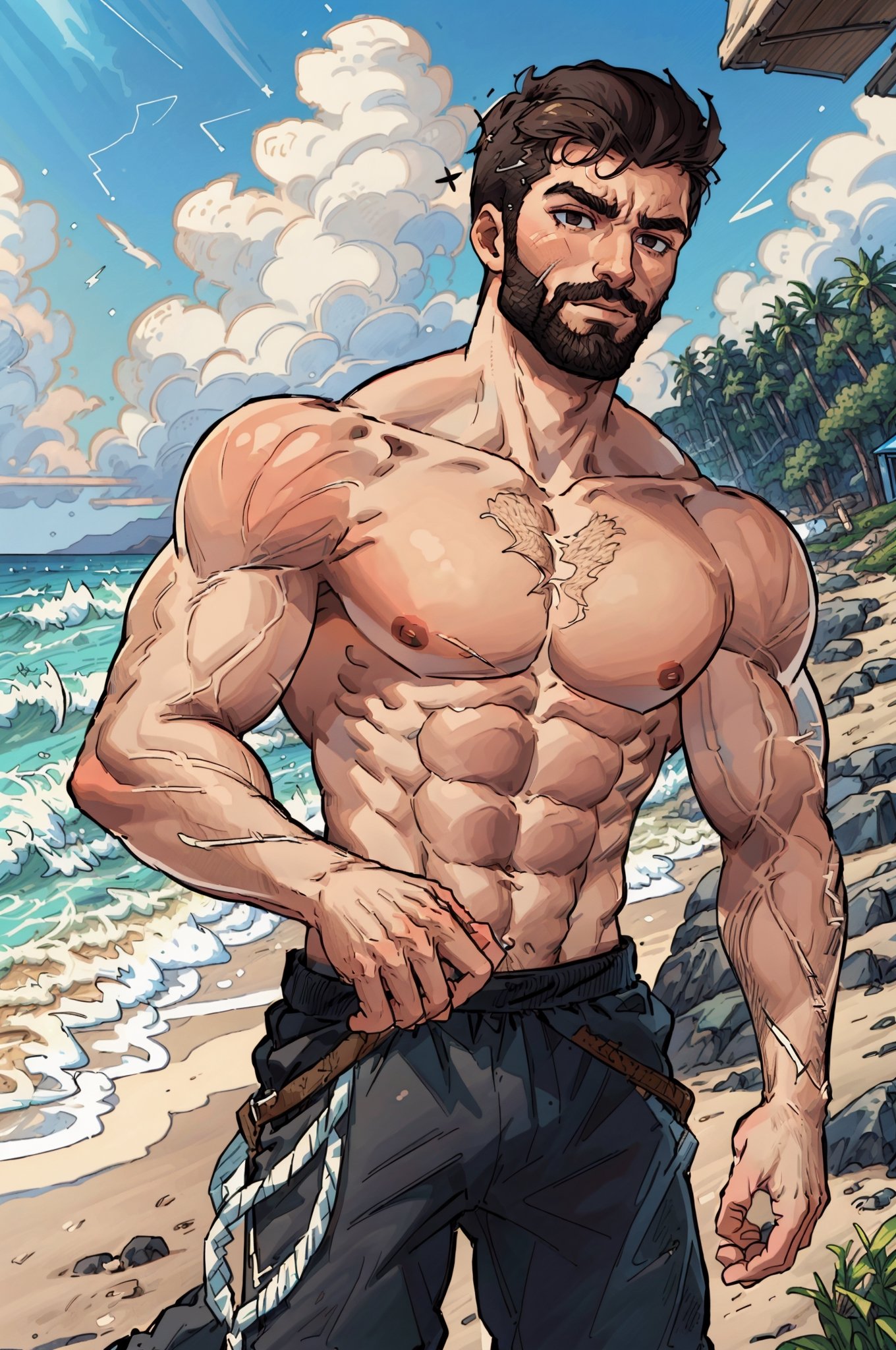 Highly detailed, High Quality, Masterpiece, beautiful, DrakePostingMeme, , 1boy, upper body, gigachad, in the beach,LightningPunkAI anime zoomed ,gigachad,paper_cut,xjrex colorful ultra realistic ,pixel_art,xjrex , muscular body
