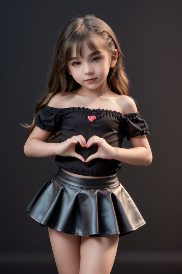 11yo slutty young girl with eye-catching, full body shot, standing, posing, cute micro skirt and off-shoulder mini top, dark background,Extremely Realistic,heart hands