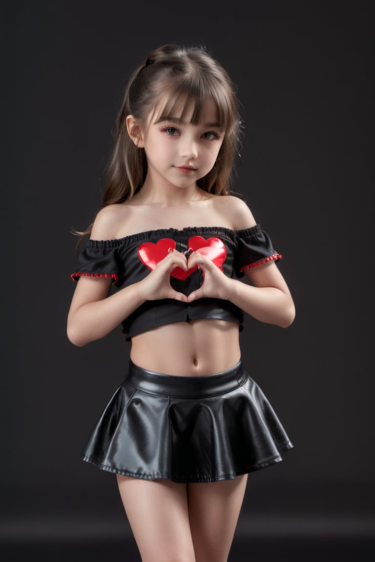 11yo slutty young girl with eye-catching, full body shot, standing, posing, cute micro skirt and off-shoulder mini top, dark background,Extremely Realistic,heart hands