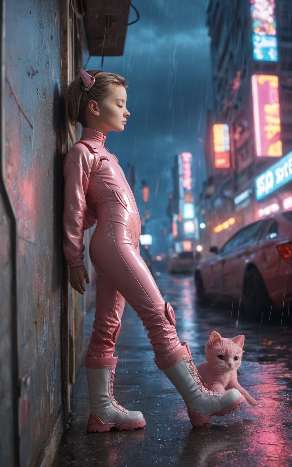 score_9, score_8_up, score_7_up, source_real, tiny pretty young girl, 12 years old, slim, cute, tween, infant, thin, long blond_hair, wearing a pink catsuit, futuristic, futuristic long white boots, no smile, closed_eyes, chin up, pony tail, full_body, side view, inside the apartment, next to the window, rainy and cloudy day, cyberpunk city in the background, night, dark, deep background, Extremely Realistic, scenery