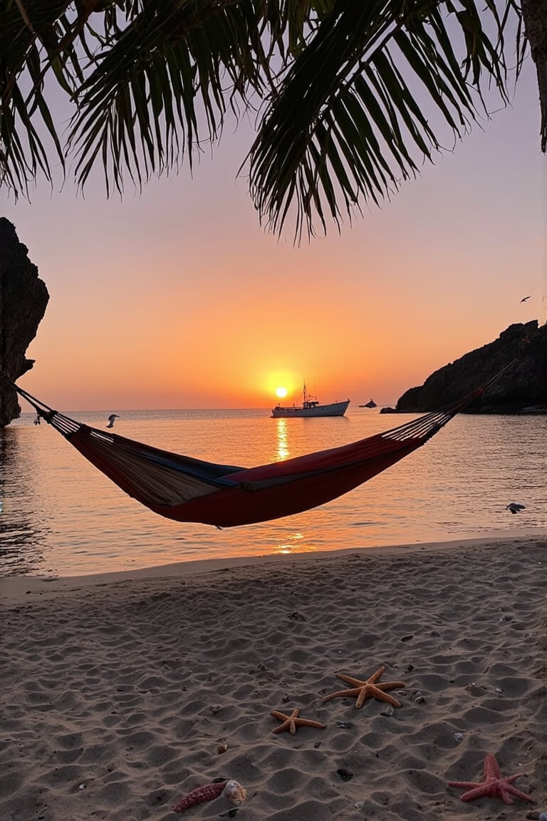 A stunning scene unfolds on an idyllic beach: the sun sets over the horizon, painting the sky with shades of orange, pink and purple. The crystal clear waters of the ocean reflect this spectacle of colors, while gentle waves lap at the fine white sand. Tall, slender palms arch over the beach, their leaves swaying in rhythm with the gentle breeze. Black rocks, sculpted by time, emerge from the water at strategic points, adding a dramatic contrast to the landscape.

Near the waterline, multicolored shells and starfish are scattered about, sparkling in the light of the setting sun. In the distance, a small fishing boat sails slowly, silhouetted against the burning sky, while seagulls fly in circles, completing the image of tranquility. A hammock is stretched between two palm trees, offering the perfect place to enjoy the view. The sea breeze carries the salty scent of the ocean, mixed with the sweet scent of tropical flowers that grow near the shore. This tropical retreat exudes a sense of peace and untouched beauty, where time seems to stand still and nature reveals all its magnificence.