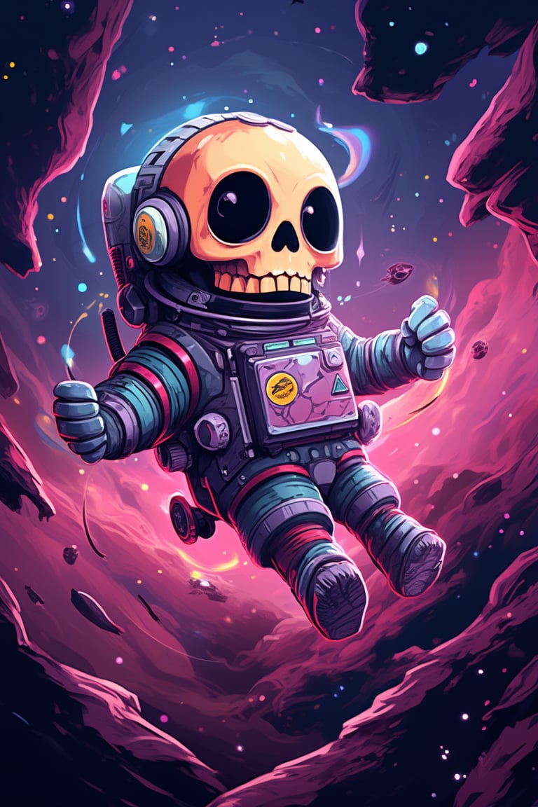 A Skull Astronaut floats in a Psychedelic space full of color with a pink nebula base.
Painted brush Finish. Neon illumination. Cartoon style. 