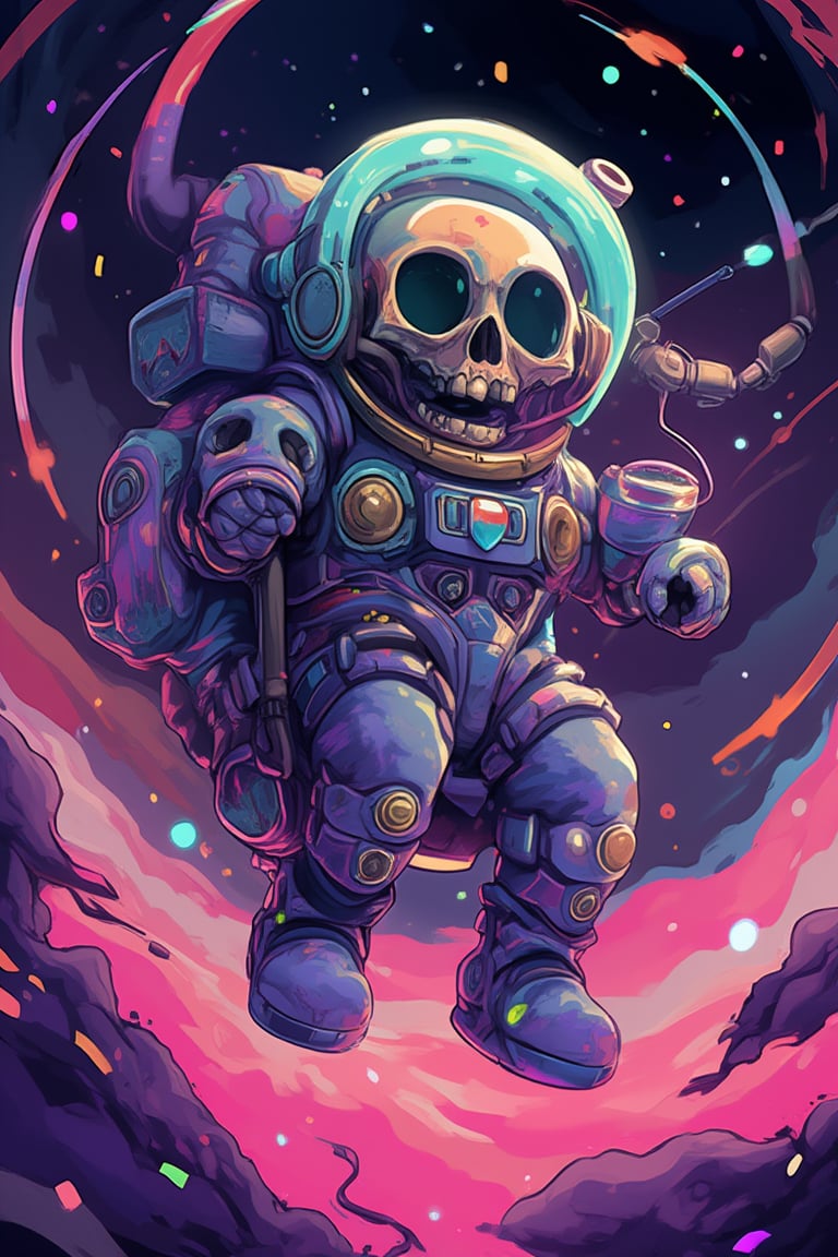 A Skull Astronaut floats in a Psychedelic space full of color with a pink nebula base. 