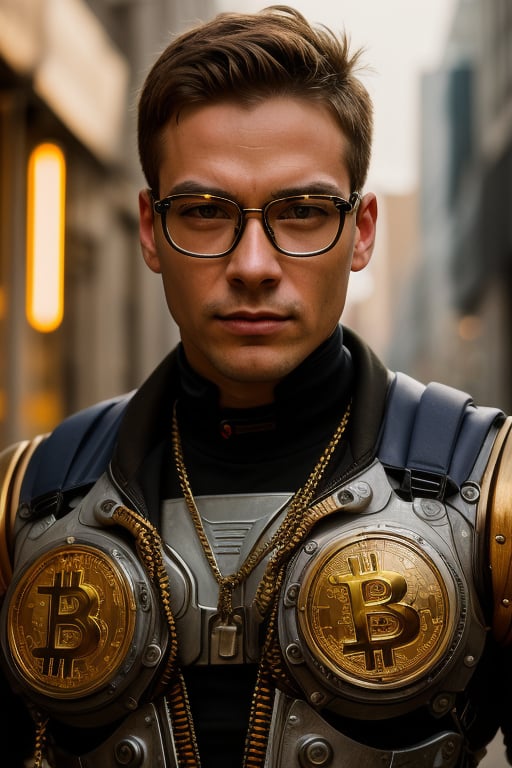 Cyberpunk Portrait photo of muscular wearing prescription glasses Soldier in a worn mech suit, with a Bitcoin golden Chain ((light bokeh)), intricate, (steel metal [rust]), elegant, sharp focus, photo by Berlin street art realism, soft lighting, vibrant colors, (masterpiece), ((streets)), (detailed face)+, eye iris 