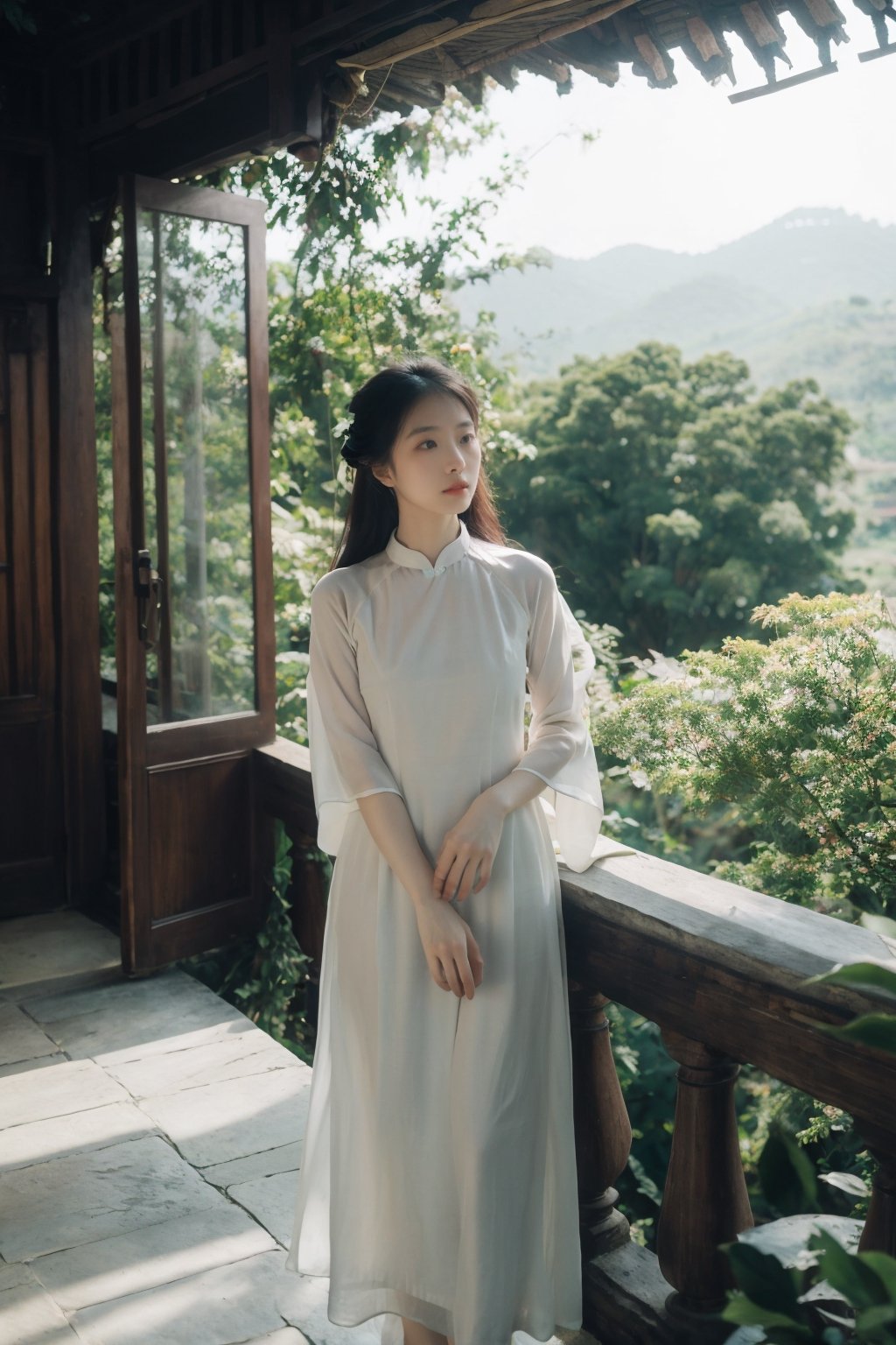 Vietnamese girl in áo dài, nature scene, ethereal and poetic style, soft natural light, flowing áo dài fabric, surrounded by lush greenery or scenic landscape, contemplative expression, harmonious connection with nature, traditional grace and beauty, dreamy and romantic ambiance, capturing the essence of a poetic muse,aodai,VINTAGE, looking_at_viewer, ,dream_girl