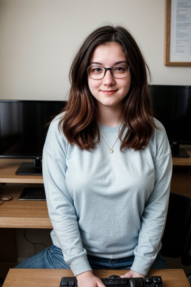 Sarah is a 26-year-old geek who works as a software developer at a technology company. He has short, brightly dyed hair, and wears thick-framed glasses. His clothing style is casual and comfortable, with video game t-shirts, skinny jeans, and sneakers. Sarah is passionate about programming and computing, spending hours in front of her computer developing applications and games. She is also a science fiction fan and enjoys binge-watching movies and TV shows in her free time. She is known in her local geek community for her talent in programming and her enthusiasm for sharing her knowledge with others. topples,nipples