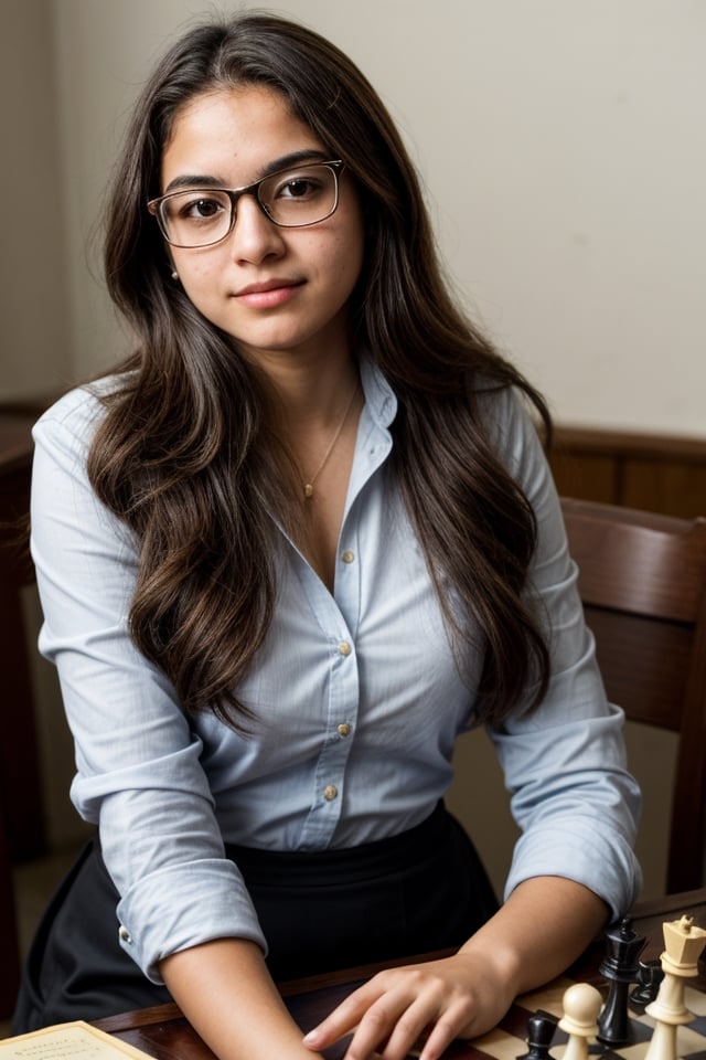 Lucía Herrera (Support), 1girl, a 17-year-old student with glasses and an academic appearance, intelligent and reserved, uses her skills to decipher crucial information as the chess club president.