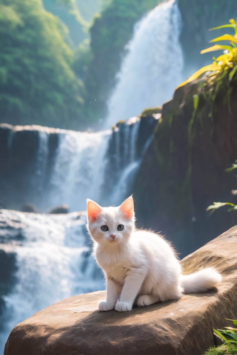 a kittens is sitting on a large rock in front of a waterfall and looking at the waterfalls, samikshavad, pinterest, Landscape, pexels, Adventure fantasy, Lost world, rayasi, picture, jigsaw puzzle, instagram, Sheela Gowda, simaura, stock photo, hurufiyya, ramanda, Tunga, screenshot, tumblr, digital rendering, Diagrammatic, Romantic fantasy, Xianxia, Ramkinkar Baij, unsplash, Figurative, sumatraism, Life, Fabulation, priysantheme, Photorealism, N. S. Harsha, nurugai, regionalism, naturalism, Deng Shiru,Xxmix_Catecat