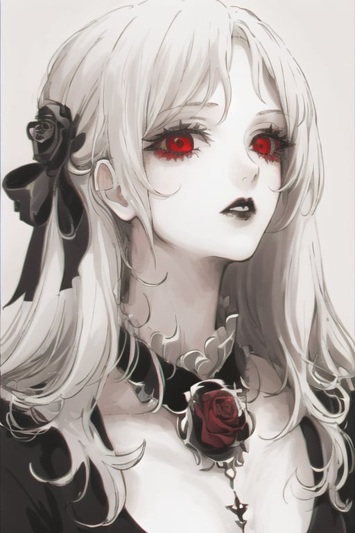 1girl,white hair,red_eyes,gothic,rose,white background,(monochrome:0.8)  