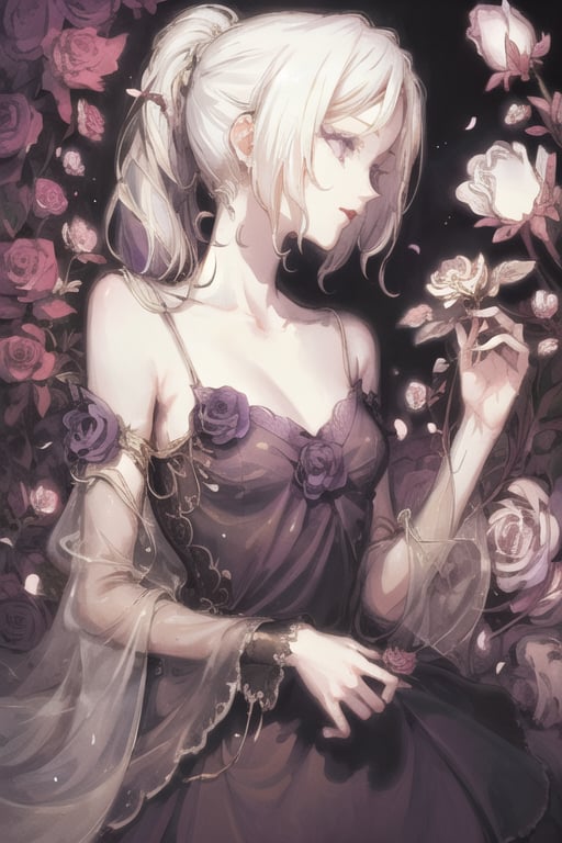 1girl, ponytail ,white hair, purple eyes, (dress:1.3), medium breasts, collarbone, flowers and petals, (illustration:1.1), (perfect details:1.1), landscape, background, rose, abstract,