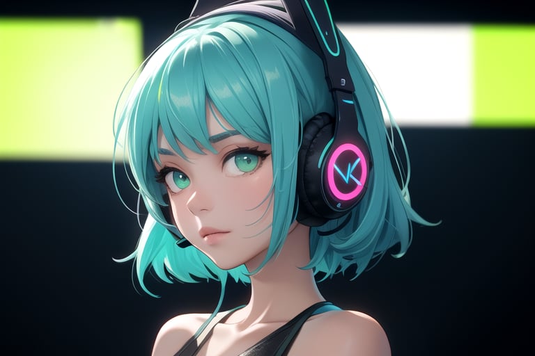 (frontal view, facing viewer:1.2), centered, masterpiece, | 1girl, solo, blue hair color, mid length hairstyle, light green eyes, | (neon wireless headphones headset:1.2), dark blue tank top, | bokeh, depth of field, breast size D