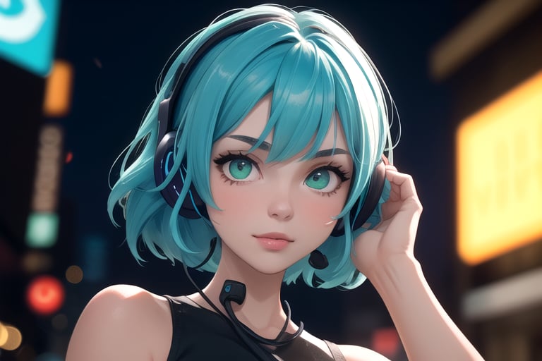 (frontal view, facing viewer:1.2), centered, masterpiece, face portrait, | 1girl, solo, blue hair color, mid length hairstyle, light green eyes, | (neon wireless headphones headset:1.2), dark blue tank top, | bokeh, depth of field,