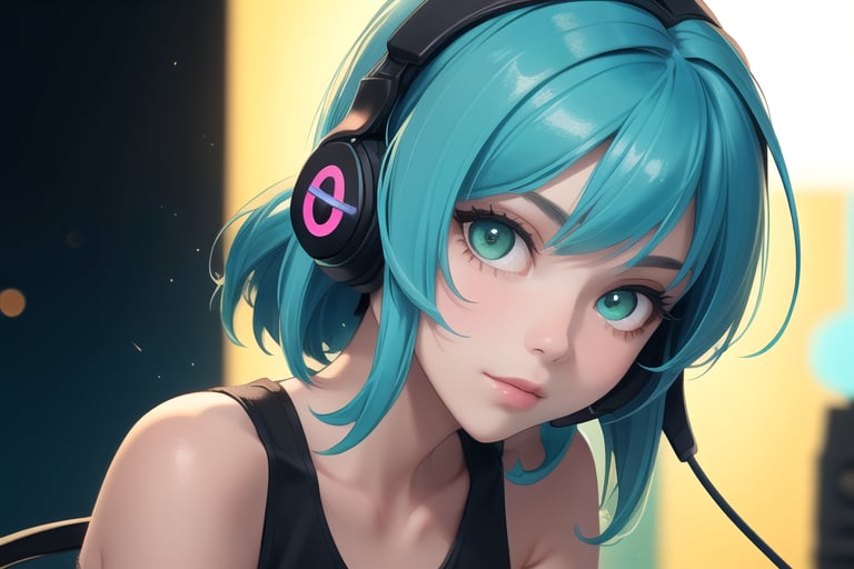 (frontal view, facing viewer:1.2), centered, masterpiece, face portrait, | 1girl, solo, blue hair color, mid length hairstyle, light green eyes, | (neon wireless headphones headset:1.2), dark blue tank top, | bokeh, depth of field, breast size D