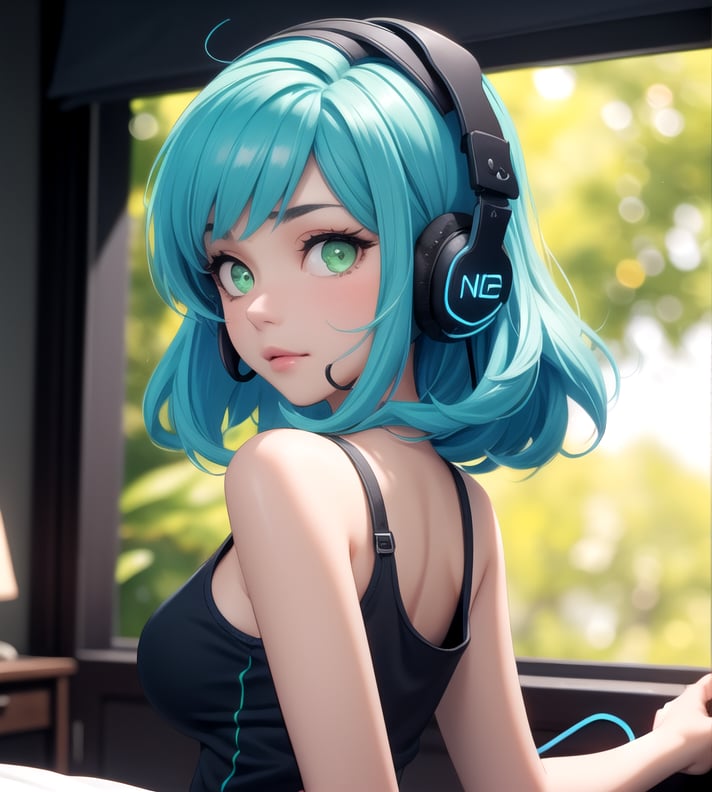 (frontal view, facing viewer:1.2), centered, masterpiece, | 1girl, solo, blue hair color, mid length hairstyle, light green eyes, | (neon wireless headphones headset:1.2), dark blue tank top, | bokeh, depth of field, breast size D, background bedroom