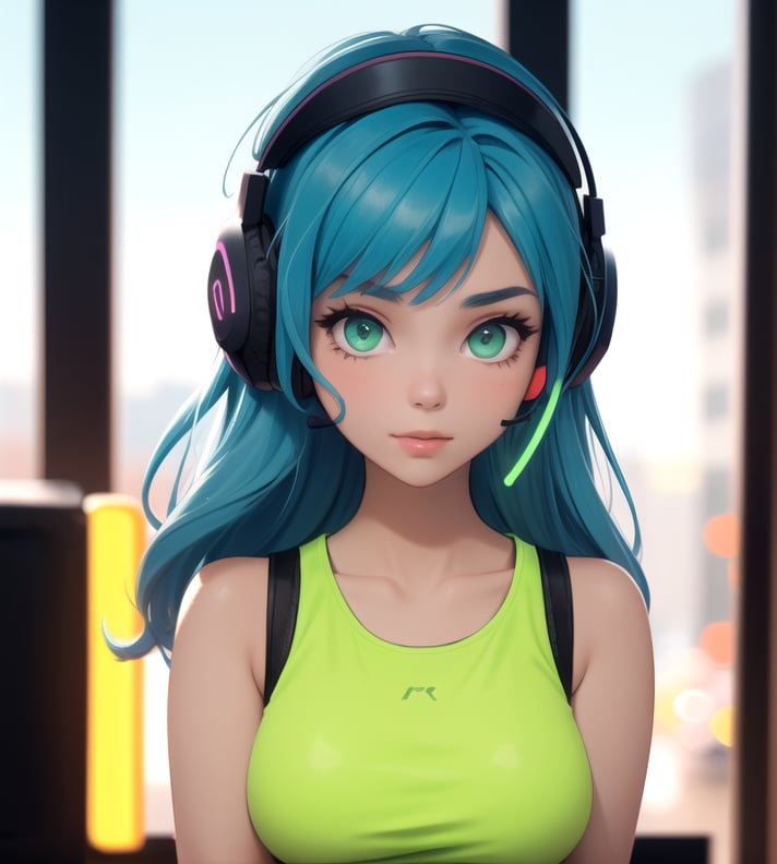 (frontal view, facing viewer:1.2), centered, masterpiece, | 1girl, solo, blue hair color, mid length hairstyle, light green eyes, | (neon wireless headphones headset:1.2), dark blue tank top, | bokeh, depth of field, breast size D