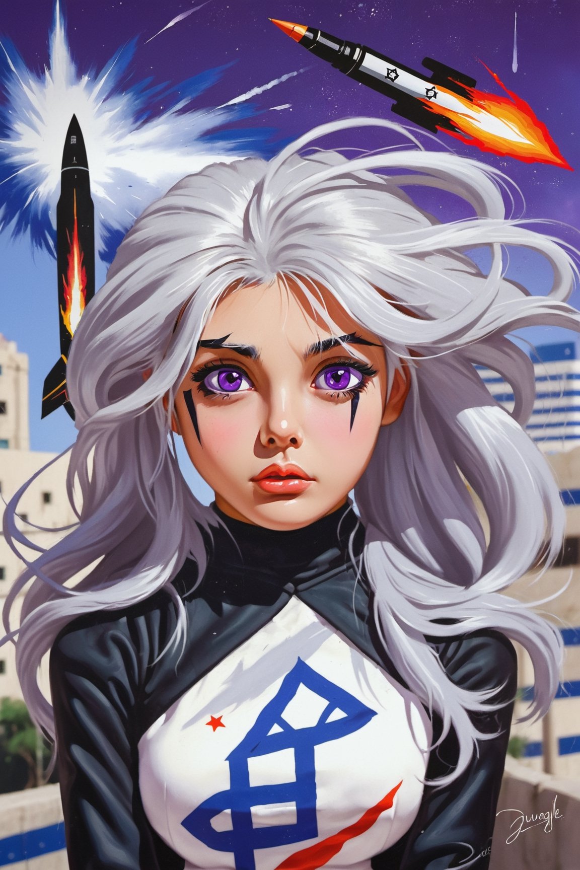 
1girl, purple eyes silver hair with black streaks in the hair in a city of Israel,  high_school_girl, war, missile bombardment, chaos, modern art,
Dave_Quiggle_Style,beautymix,Dave_Quiggle_Style