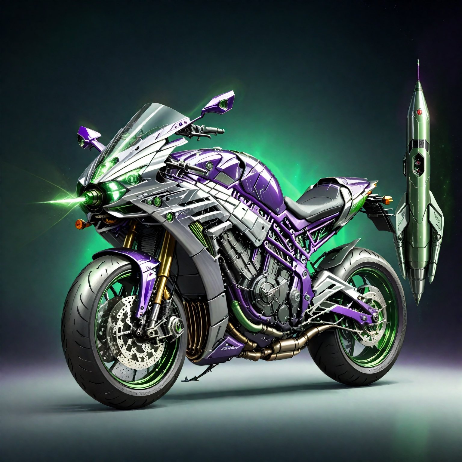 futuristic_and_detailed,
the fusion of H2_ZX1000N_style_motorcycles and and rockets, replica_motorcycle, green and metal silver, light_deep_purple_decoration,
8k, cinematic_lighting,cyberpunk, cinematic_lighting, side_view,
