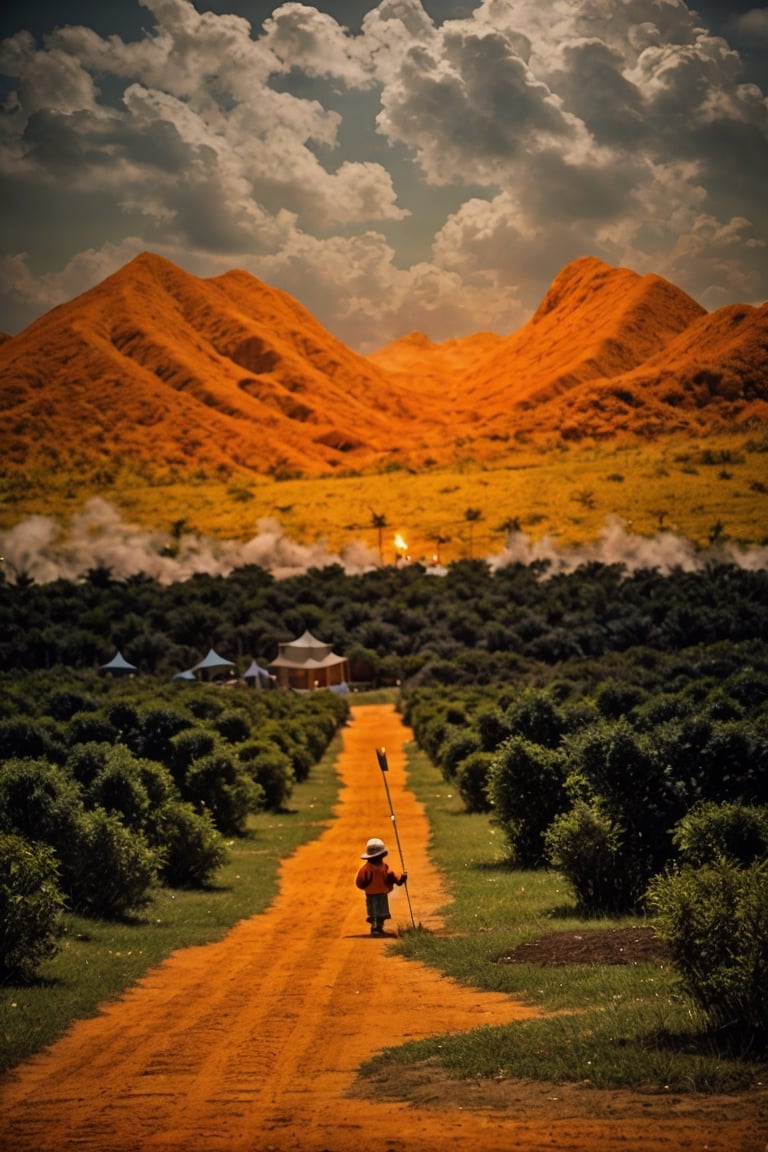 kids dressed in orange and carrying shovels dragging themselves toward the
tents, There were six large gray tents (and each one had a black letter on it: A, B, C, D, E, or F.),
The air seemed thick with heat and dirt, electric fence, cinematic, FFIXBG, realism, analog, photorealistic,boichi manga style