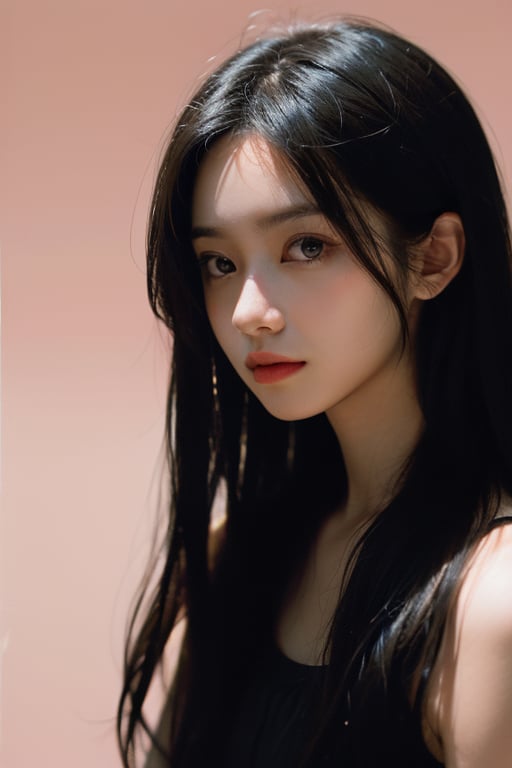 a 20 yo woman,long hair,black hair,pale skin,dark theme, soothing tones, muted colors, high contrast, (natural skin texture, hyperrealism, soft light, sharp),pink background,simple background