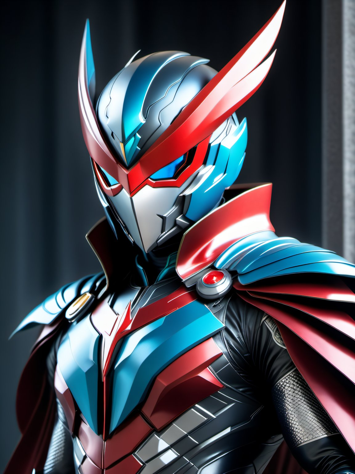 Best Image Quality, Super High Resolution, Masterpiece, Photorealistic, Medium camera shot, 1 Man, Solo, Man wearing Kamen Rider costume and hybrid ironman costume, (Garuda bird mask), cape, (Garuda bird protector), Garuda bird belt, Kamen Rider Garuda, body suit red blue glowing black, neon, Incredible detail, intricate complexity, depth of field, volumetric lighting, sharp focus, absurdity, realistic proportions, delicate anatomy, high detail, delicate, Stunning detail, fine detail, cinematic lighting, delicate and beautiful,Leonardo Style, illustration