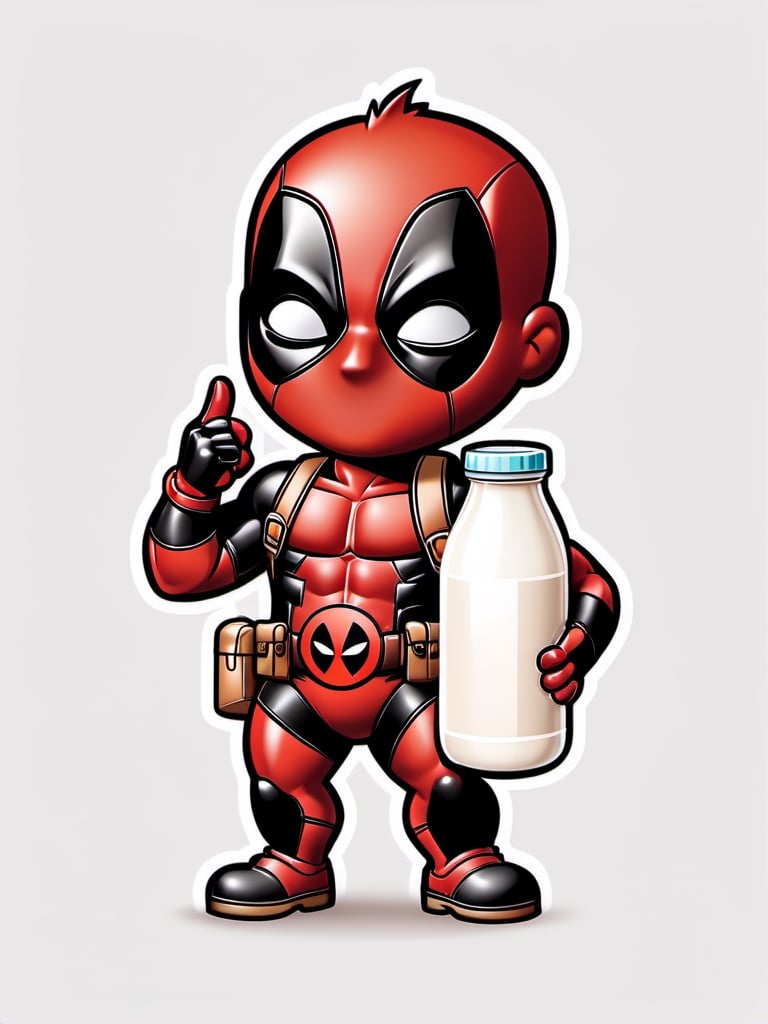 Deadpool wearing a baby diaper holding a milk bottle that says "mama", smile, style, isometric digital painting, Intricate Details, Extraordinary Details, Best Image Quality, Super High Resolution, Masterpiece, 8k, 1 Male, sticker, male focus, solo, outline, white outline 5mm, Orange background, simple background, chibi, emoji, posters, typography, stickers, t-shirt designs,