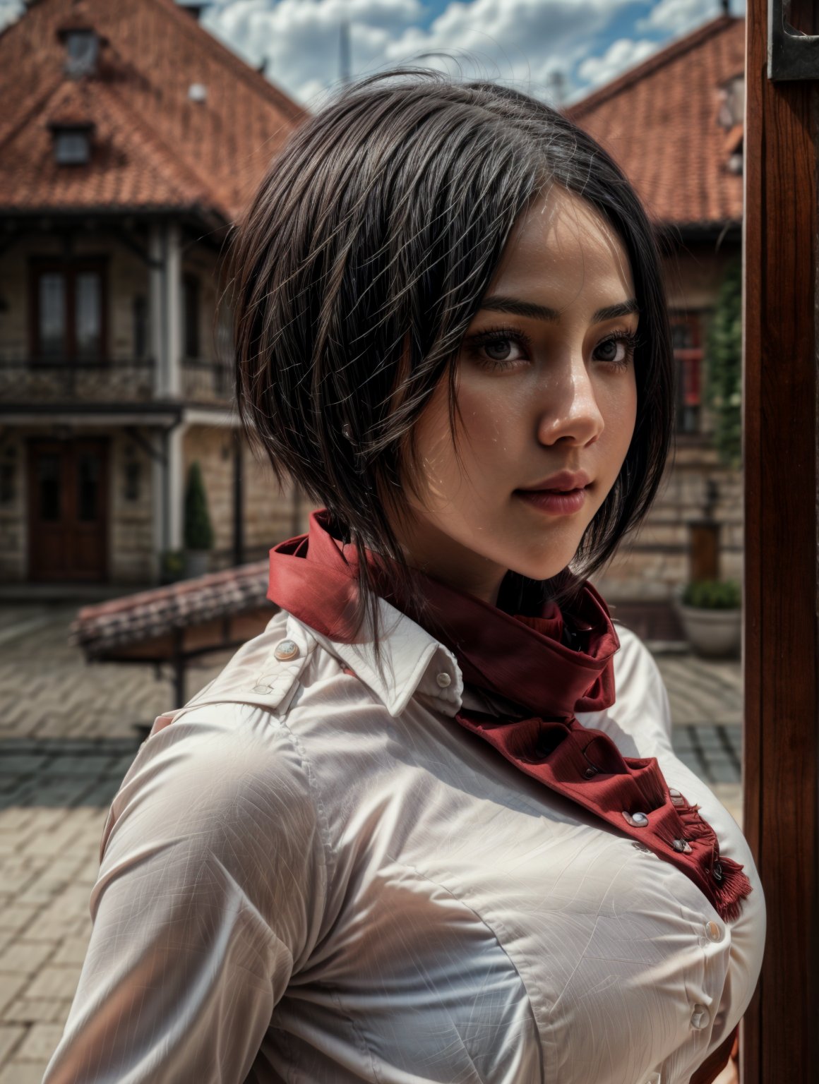 Best Image Quality, Super High Resolution, Masterpiece, Photorealistic, hmmikasa, short hair, very good detailed face, black eyes, very nice detailed lips, finger details are very nice, scarf, coat of arms, belt, thigh strap, red scarf, white pants, brown jacket, long sleeves, holding weapon, sword, dual use, three dimensional maneuvering equipment, fighting stance, sky, Big boobs, Beautiful face with high quality detail, smile, Sexy, Pale white skin, Porcelain skin, Professional lighting & super detailed, Slim, Super clean detailed, Elaborate detail, Super detailed, Super tall, Highest detail, Smooth, Excellent detail, Fine detail, Cinematic lighting, Incredibly smooth and beautiful image, staring at the viewer, hmmikasa,4nya,Anyageraldine,perfecteyes