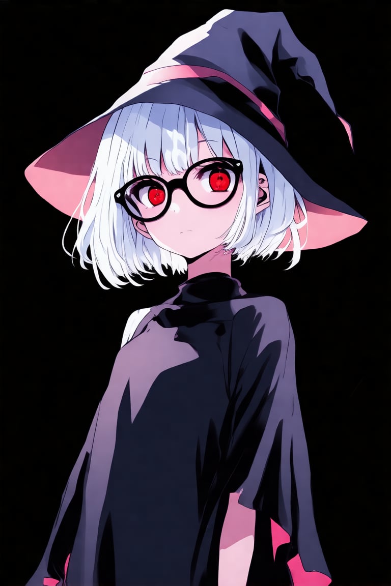 anime style, 1girl, solo, white hair. red eyes, witch clothes, looking at viewer, black background, short hair, black glasses, standing, whitch hat