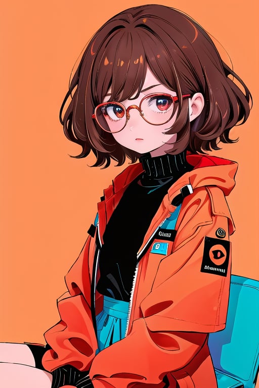 A woman with a serious expression sits in front of a flat color background, wearing a bright red jacket and short brown hair. Her eyes are framed by rectangular glasses, giving her a studious appearance. The overall aesthetic is simple yet striking, with the bold jacket drawing attention to her solemn face.