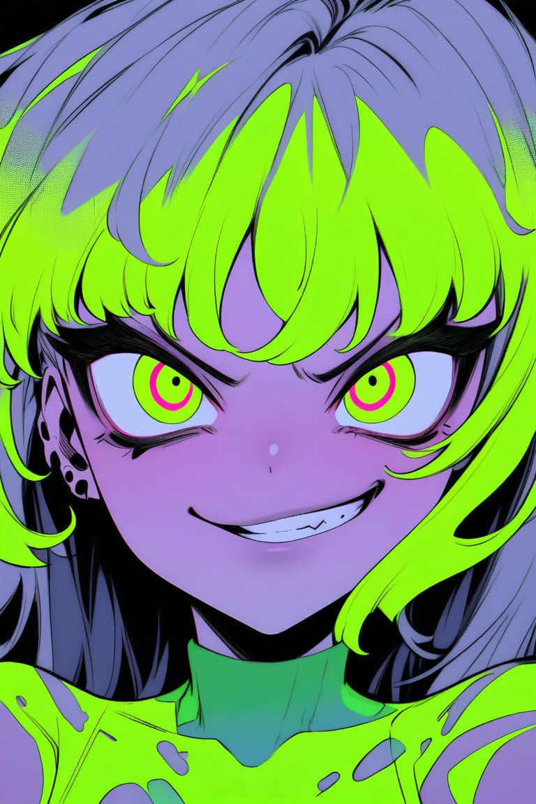 A cyberpunk anime girl with long, flowing hair and piercing neon green eyes gazes directly at the viewer with a sadistic smirk. She wears a bright yellow jumpsuit, her multicolored hair styled in loose waves. The background is a stark, monochromatic gray, emphasizing her vibrant attire and intense expression.