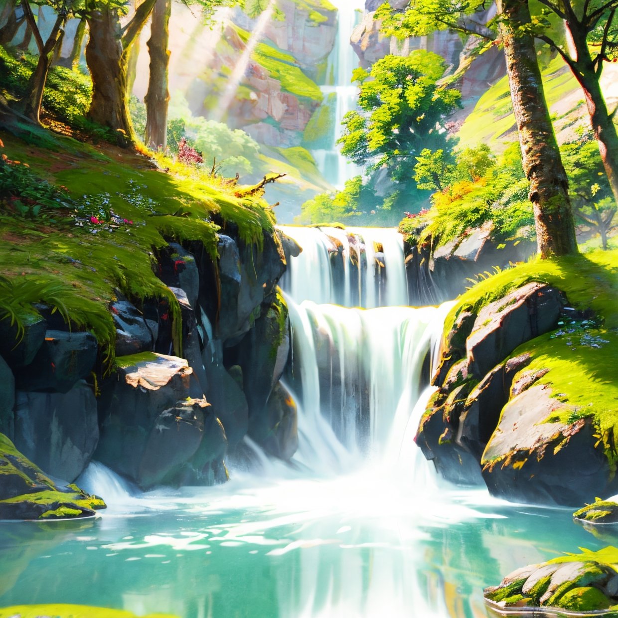 Chaotic rushing waterfalls in tranquil beautiful landscapes, ray tracing, detailed reflections, intricacies, high detail, drama, masterpieces of the best quality, photorealistic realism, detail, 8k, HDR, backlight, halo, flash, chromatic aberration, sharp focus