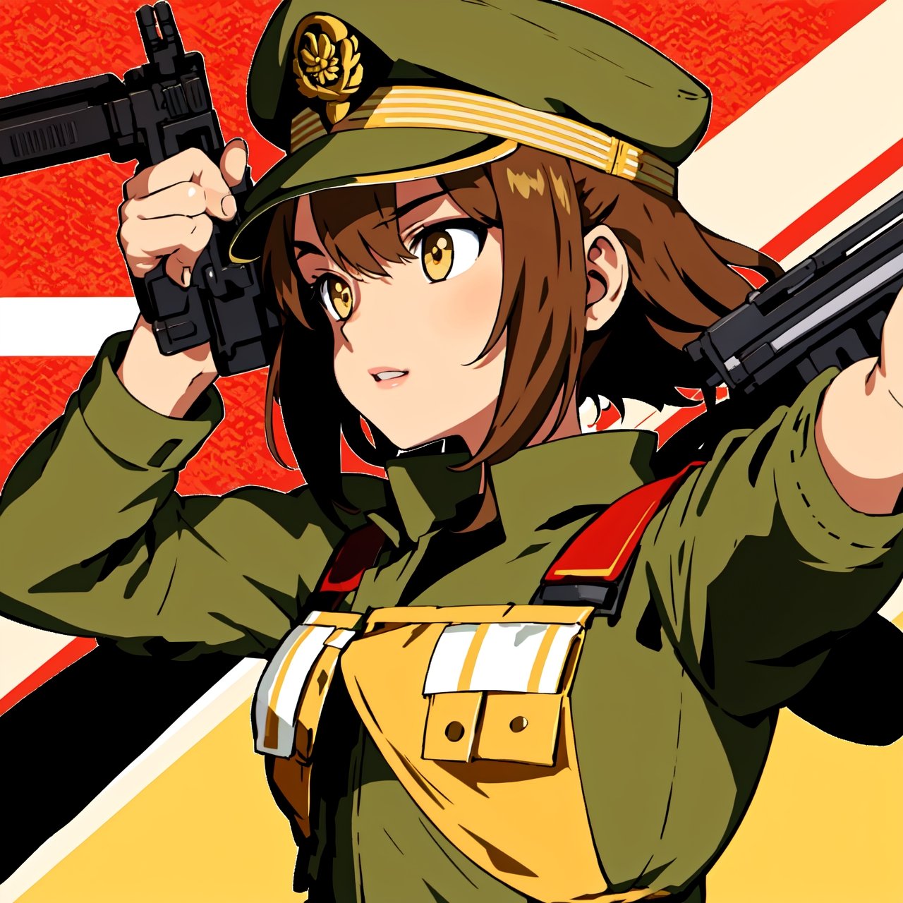 Military uniform  light brown a girl  japanese commander with a gun in hands,gun