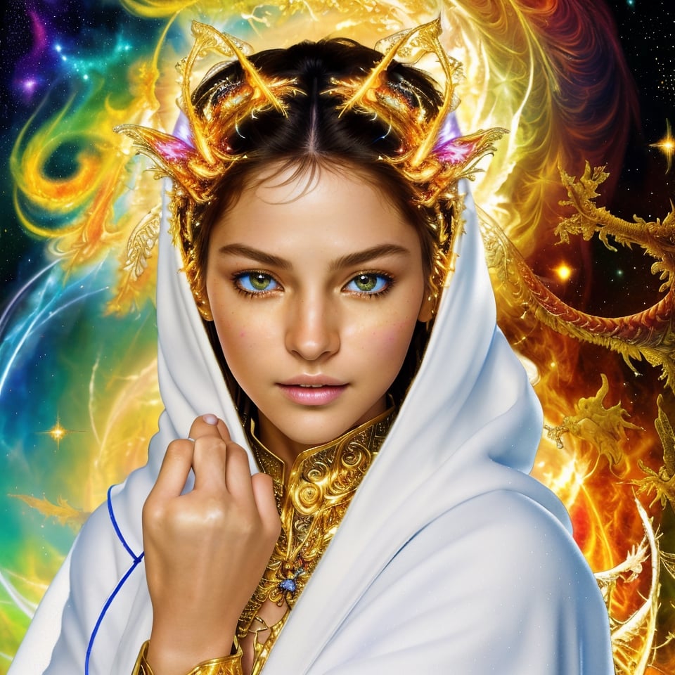 (masterpiece, top quality, best quality, official art, beautiful and aesthetic:1.2), (1girl), extreme detailed eyes, (fractal art:1.3), colorful, highest detailed, (perfect face), shiny skin, HDR, (white cloak golden lines:1.2), galaxy, (light streaks), striking visuals, (dynamic streaks, luminous trails:1.2), vibrant colors, (phoenix), (dragon)