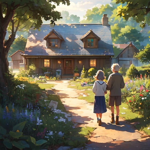 (a couple of grandparents living on a farm with animals), illustrations, (realistic, detailed, vibrant), warm colors, natural lighting, cozy farmhouse, beautiful garden, lush green fields, cute farm animals, joyful atmosphere, nostalgic vibes, family bonding, timeless memories