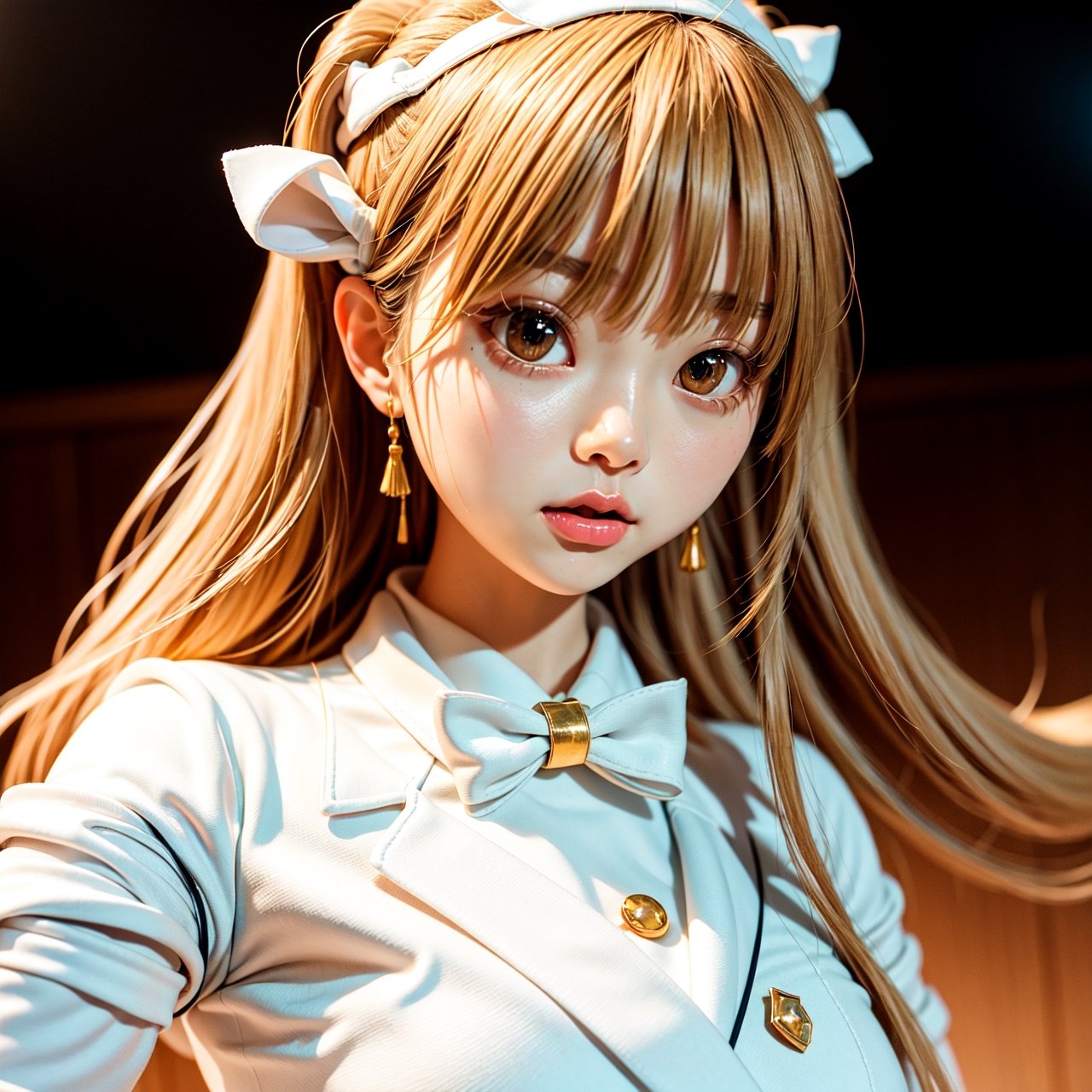 there is a woman with long hair wearing a white jacket and a bow tie,  korean girl,  realistic young anime girl by hack_pu...
