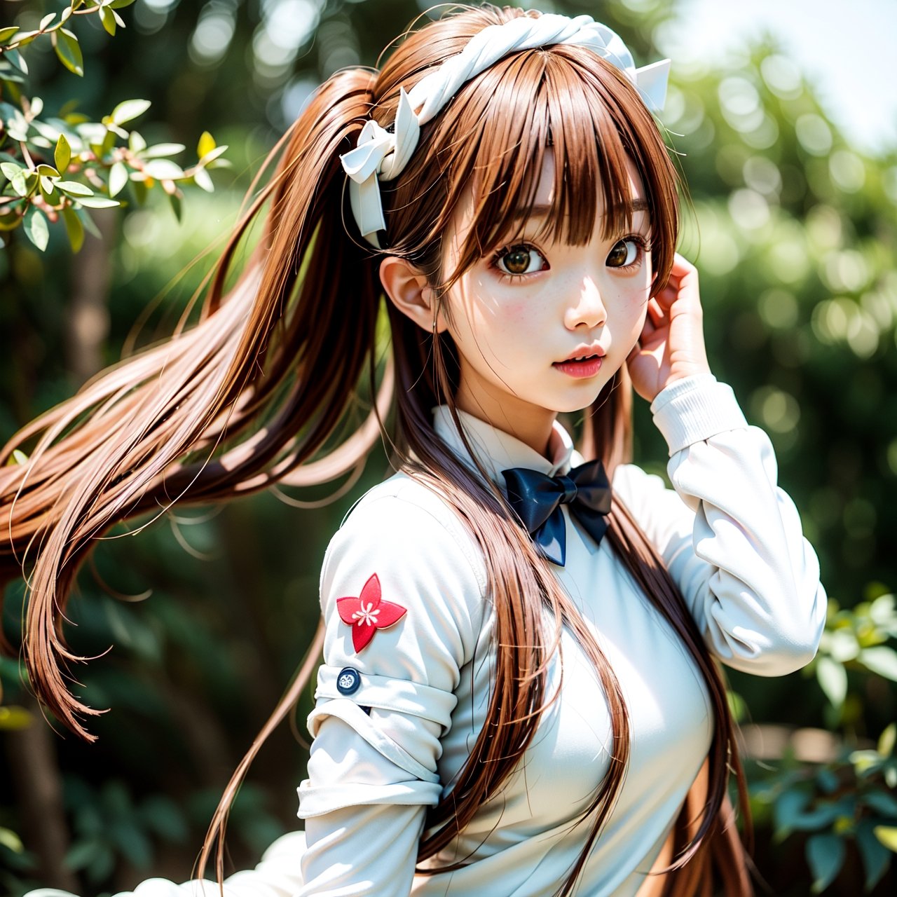 there is a woman with long hair wearing a white jacket and a bow tie,  korean girl,  realistic young anime girl by hack_pu...
