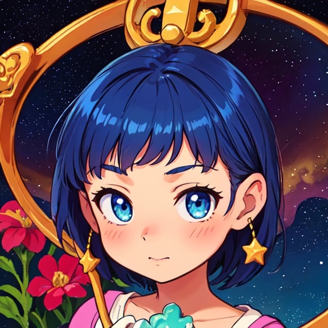 Close-up shot, an Anime little girl wearing a white glass , standing on the land,night view ,Many stars on the night sky,The Milky Way ,colorful flowers,headshot close-up, oil painting style, very obvious oil painting strokes, impressionist palette style, 32k uhd, beautiful, booru, Old time, color cartoon