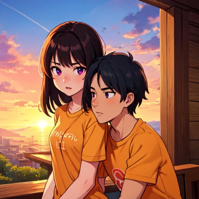 Masterpiece, best quality, {best quality}, {{masterpiece}}, {highres}, {{{field field}}, extremely detailed couple, illustration, couple, 1boy, 1girl, couple, love, love, romantic, sharp focus, male focus, female focus, black hair, violet eyes, sun, sunlight, lifting, surprised, envy, orange sky, t-shirts, men's leisure clothes, expressionless, women's fashion 