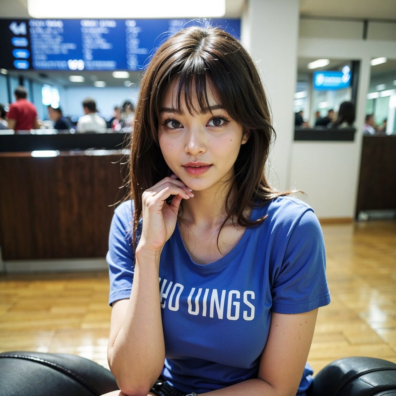 realistic photos of Korean female, crossed bangs, slightly smile, t-shirt, in the airport, pov, Eye-Level Shot, blurry, UHD, masterpiece, highres, 16k  