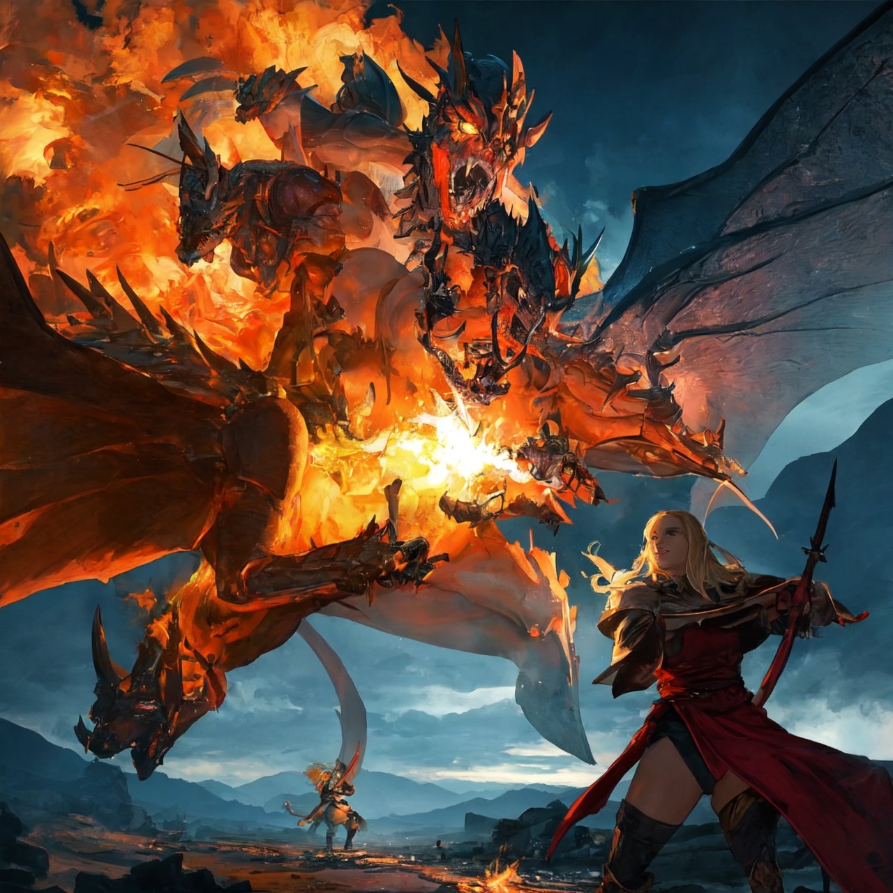 Fight warriors x dragon, in artstation forest art, Dungeon, balrog, dragon releases flaming fire through the mouth, d&d, the lord of the rings, elden ring, Conan, dark souls, hazy background, realistic epic, rutkowski, hdr, intricate details, hyperdetailed, cinematic, rim light, muted colors: 1.2, dark fantasy, dark sky, with dark mountains in the background, dark atmosphere, fear, Horror, impressive, dark and turbulent sky with shades of blue and purple