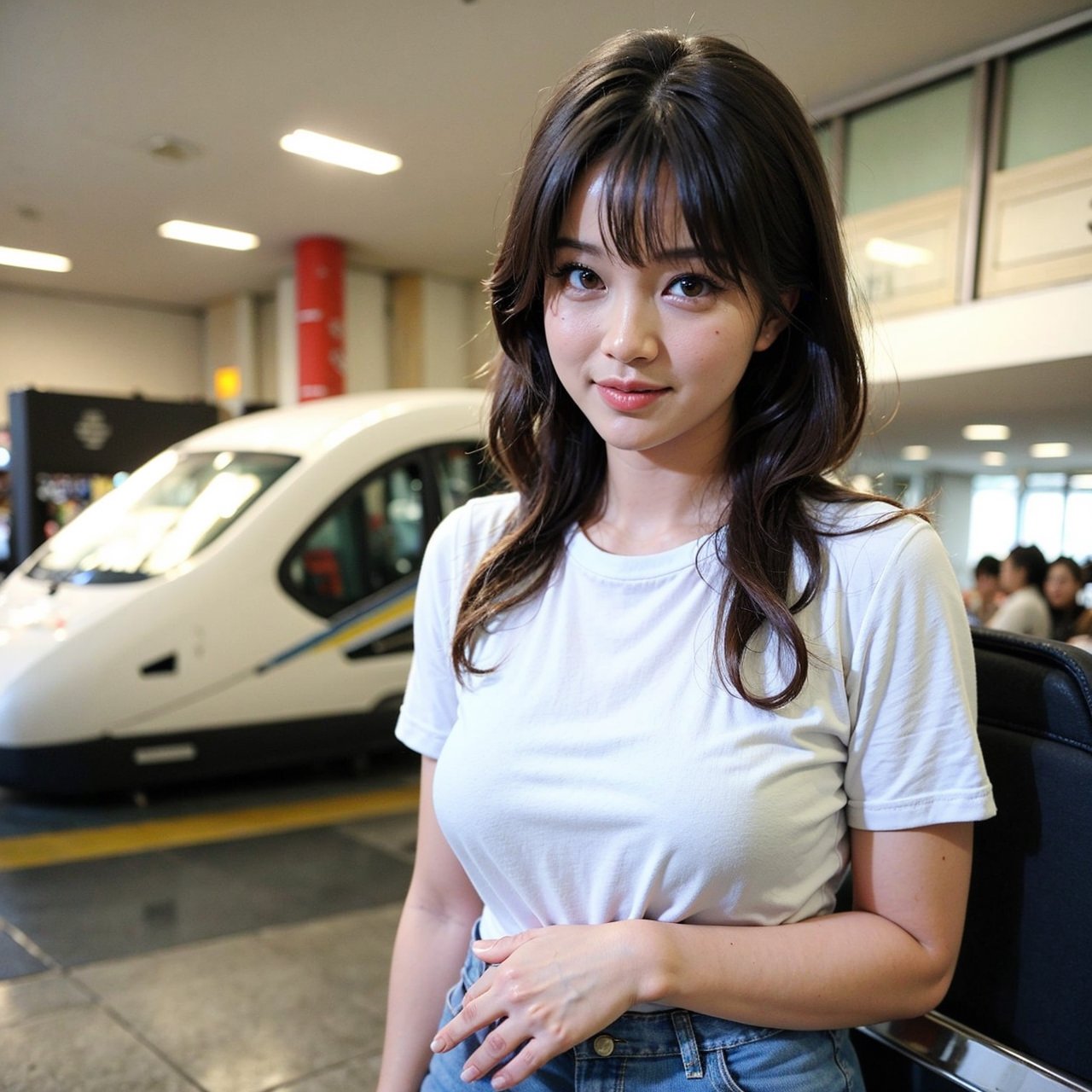 realistic photos of Korean female, crossed bangs, slightly smile, t-shirt, in the airport, pov, Eye-Level Shot, blurry, UHD, masterpiece, highres, 16k  