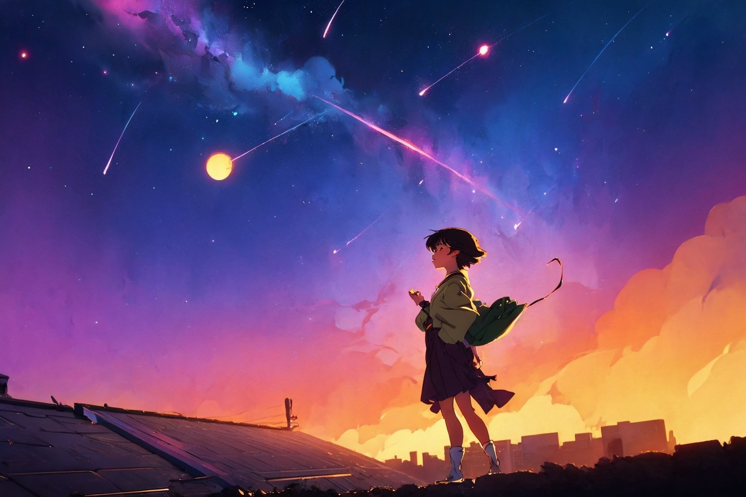 anime girl standing on rooftop looking at night sky with stars,  anime wallpaper 4k,  anime wallpaper 4 k by hack_pur on T...