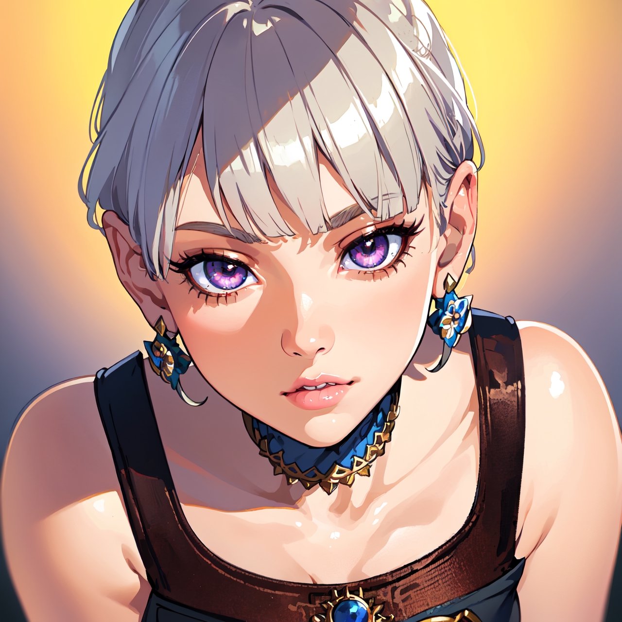 (best quality, masterpiece), 1girl, beautiful girl, brown_eyes, ((hair color [Silver hair], [pixie cut with bangs] hair)), earrings, lips, short sleeves,realistic, narrow waist, charming, colorful makeup, long eyelashes, fair skin, (cute), (detailed face), detailed eyes, detailed iris