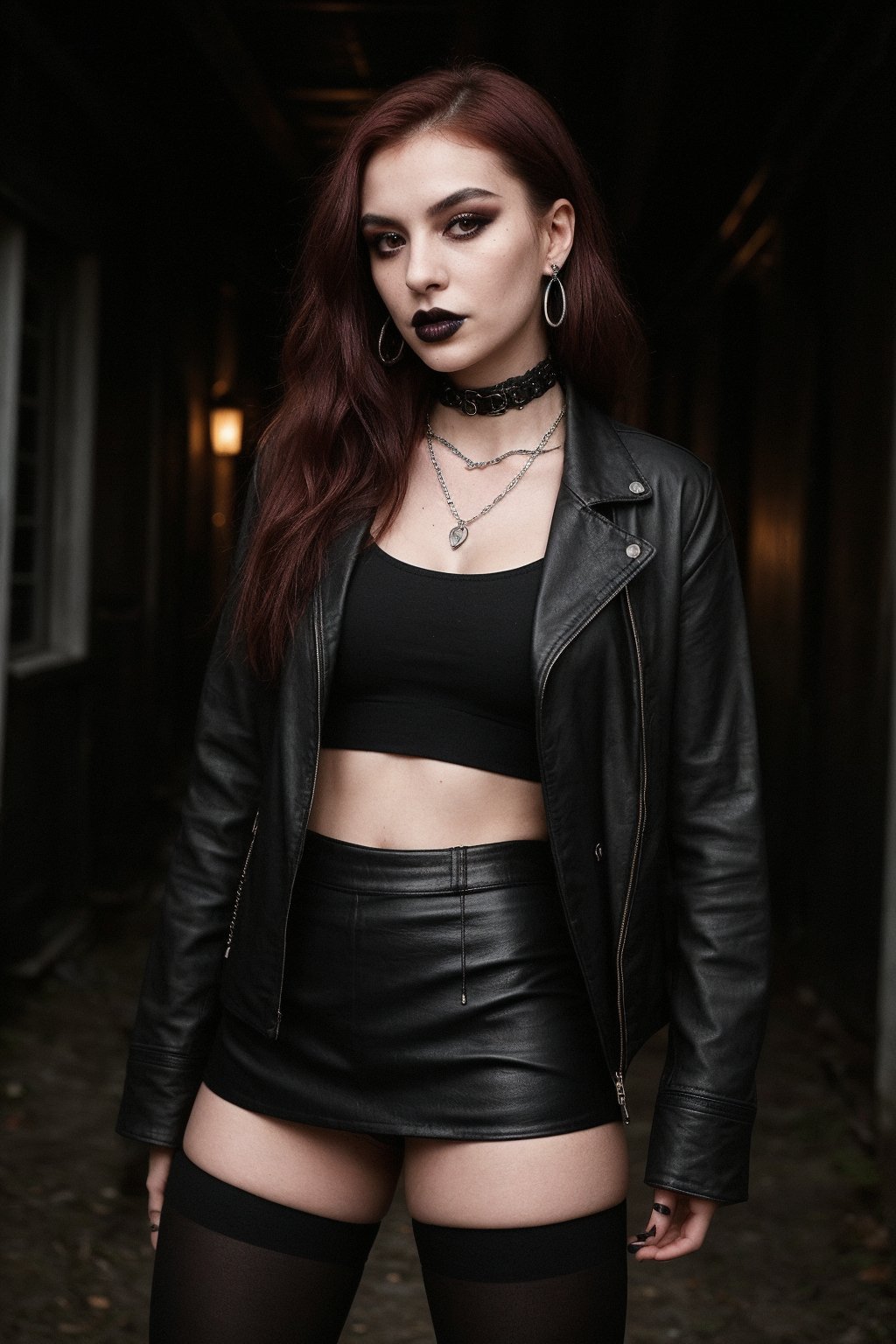 A goth 20-year-old woman stands confidently in the dimly lit,  old wooden house,  her dark-red hair illuminated only by th...