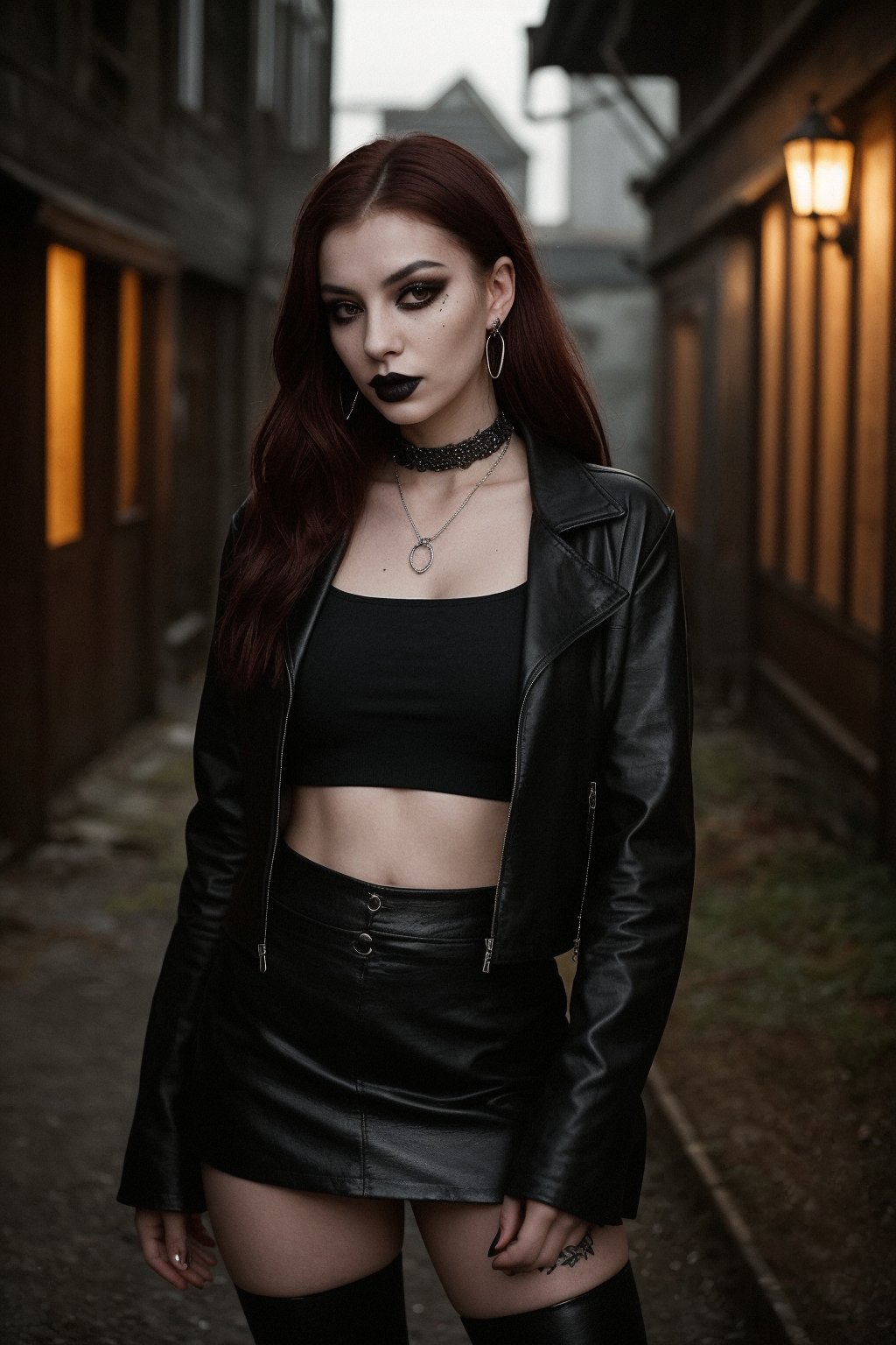 A goth 20-year-old woman stands confidently in the dimly lit,  old wooden house,  her dark-red hair illuminated only by th...