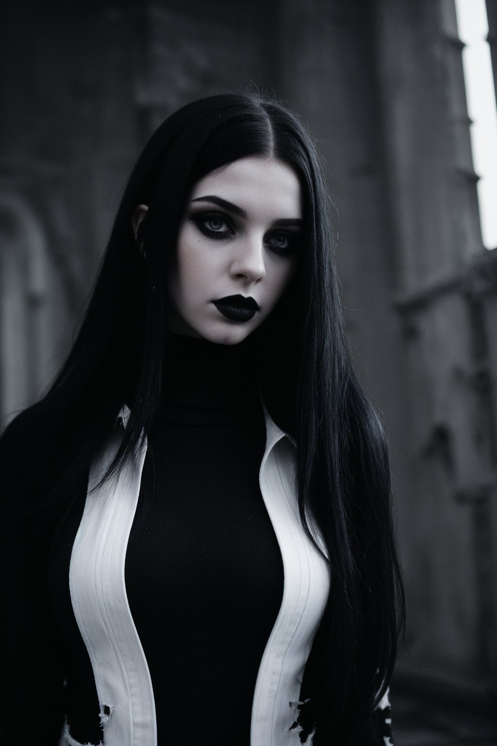 goth girl,  black lipstick,  ((long straight white and black mixed hair)) by SKLTNC on Tensor.Art