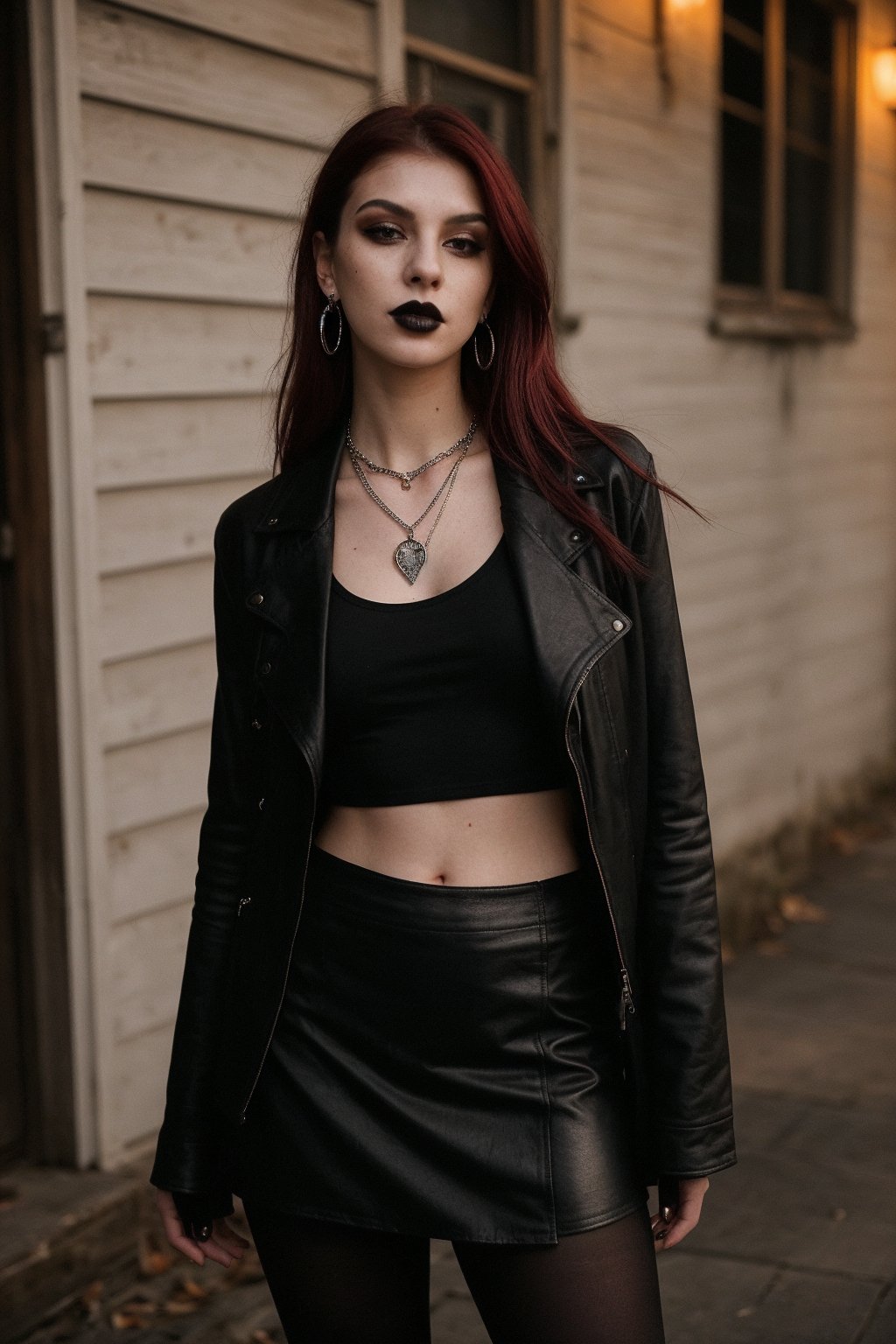 A goth 20-year-old woman stands confidently in the dimly lit,  old wooden house,  her dark-red hair illuminated only by th...