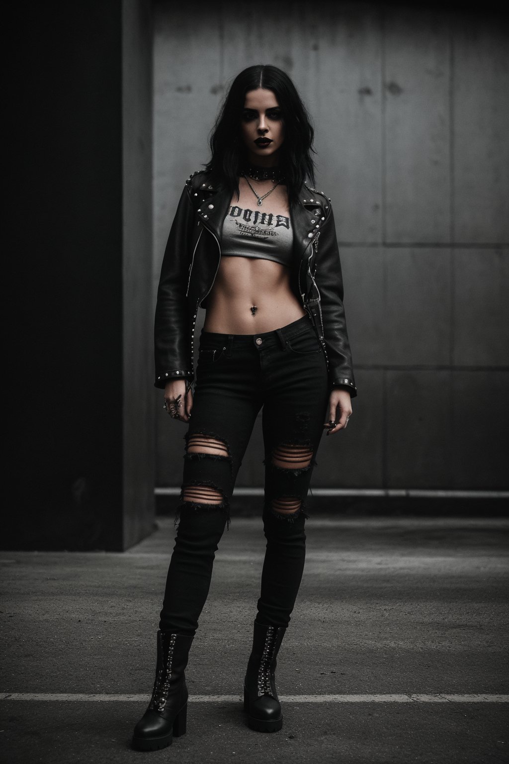 goth girl with tan-colored skin,  mid-length black hair,  black lipstick by SKLTNC on Tensor.Art